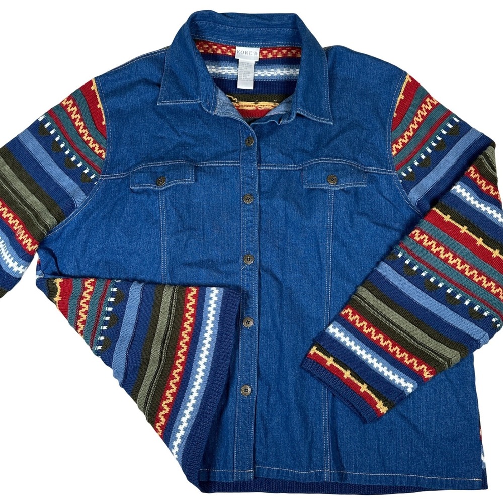 Denim knit boho Southwestern Cardigan Jacket Blue‎ 2X Gorpcore Granola Shacket